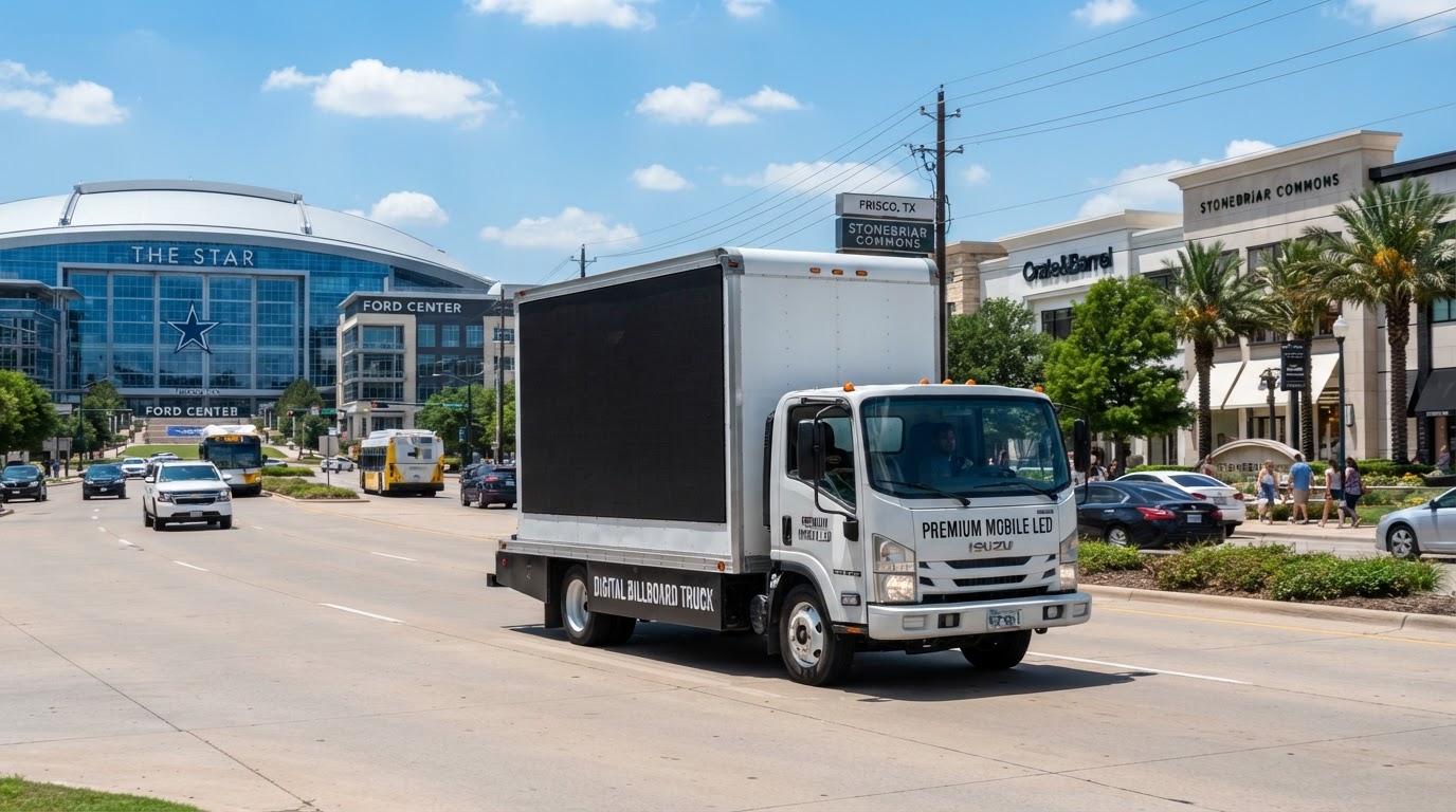 Motivo mobile billboard truck driving through Frisco, Texas near The Star and Stonebriar retail district on a sunny day with clear blue skies