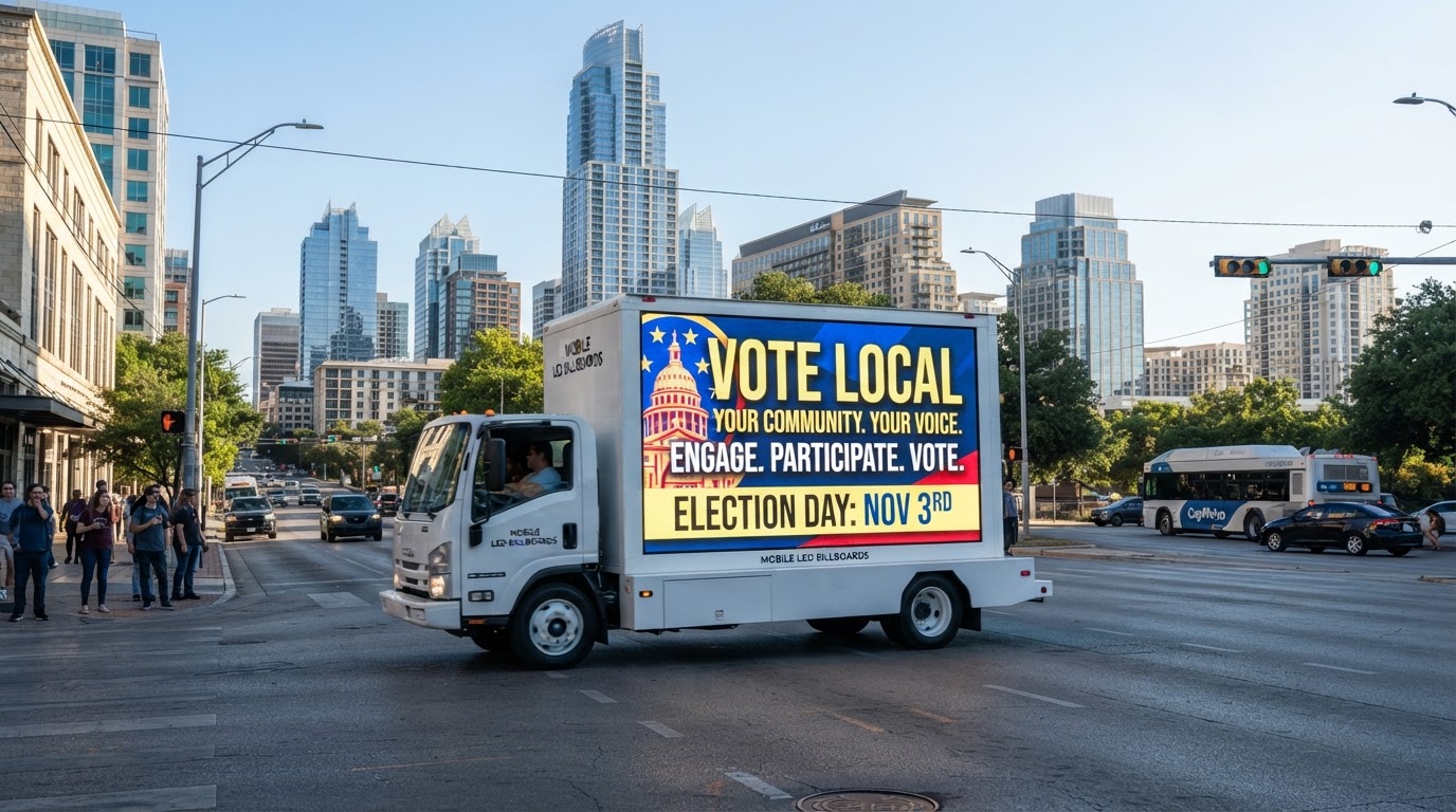 Motivo mobile LED billboard truck displaying a neutral fictional 2026 political campaign creative driving through a Texas urban environment