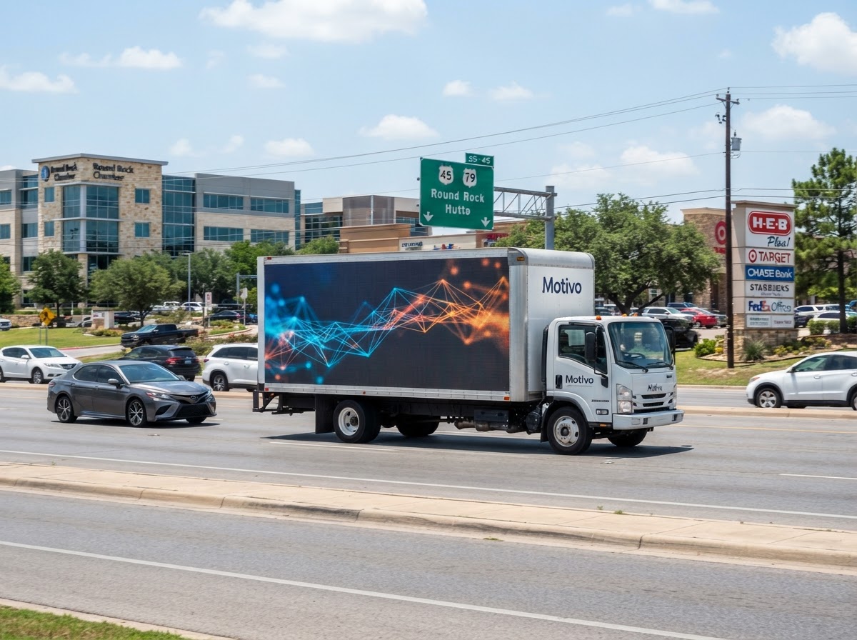 Motivo mobile billboard truck near the SH-45 and US-79 commercial corridor in Round Rock Texas with office parks and retail centers