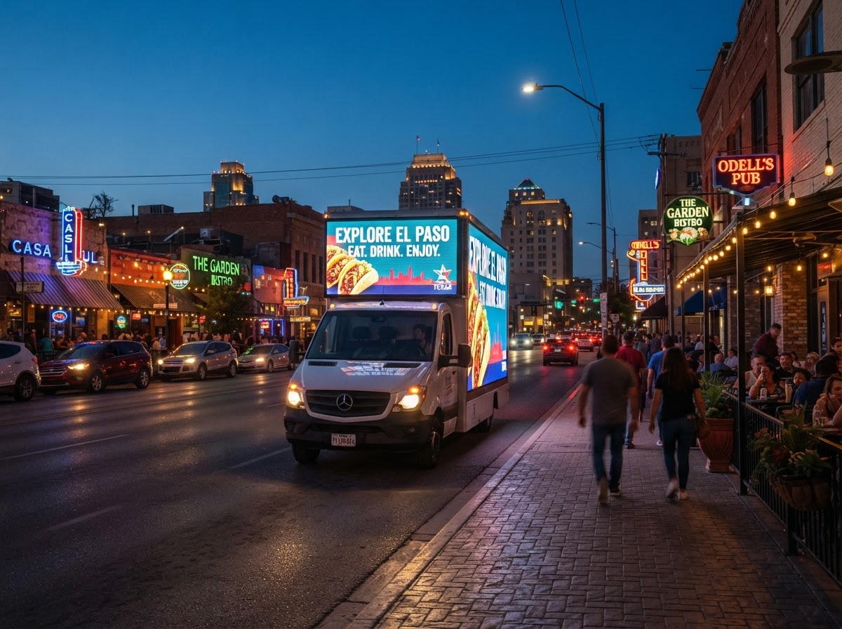 Motivo mobile billboard truck in an El Paso restaurant and entertainment district at dusk