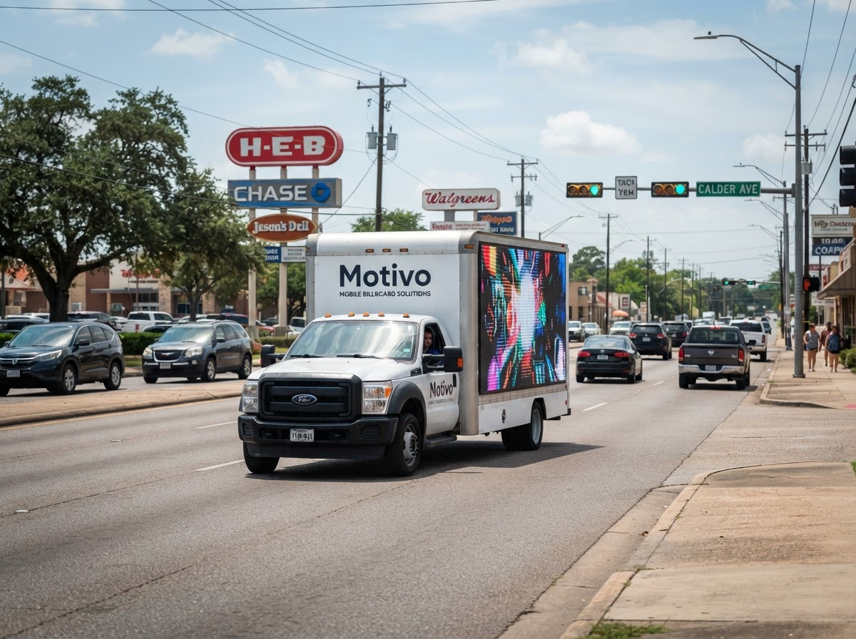 Motivo mobile billboard truck along a Beaumont retail and commercial corridor near College Street and Calder Ave