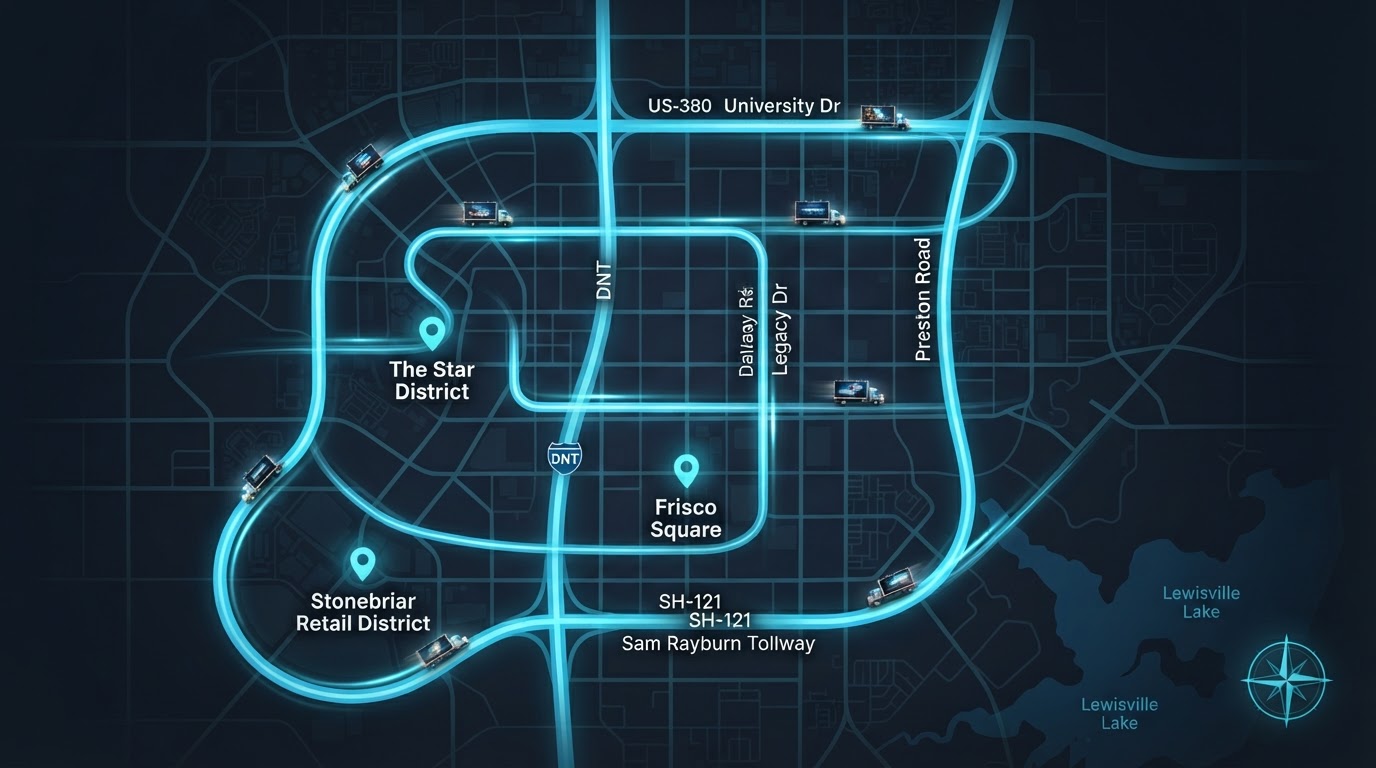 Bright map of Frisco, Texas showing Motivo mobile billboard campaign routes connecting Frisco Square, The Star area, Stonebriar retail district, Dallas North Tollway, SH-121, US-380, Preston Road, and Legacy Drive