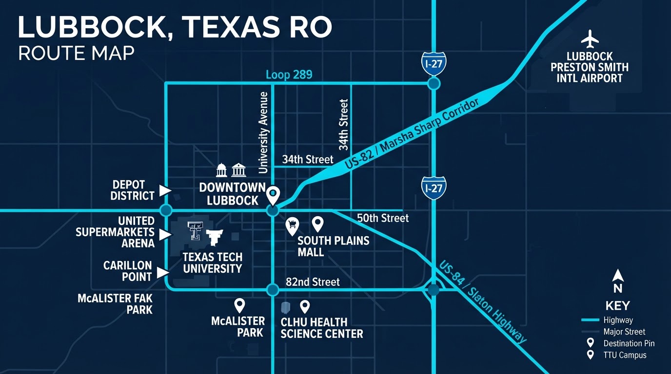 Bright map of Lubbock showing Motivo mobile billboard campaign routes connecting Downtown Lubbock, the Texas Tech area, and South Plains Mall along Loop 289, I-27, US-82 Marsha Sharp corridor, US-84, University Avenue, 34th Street, 50th Street, and 82nd Street