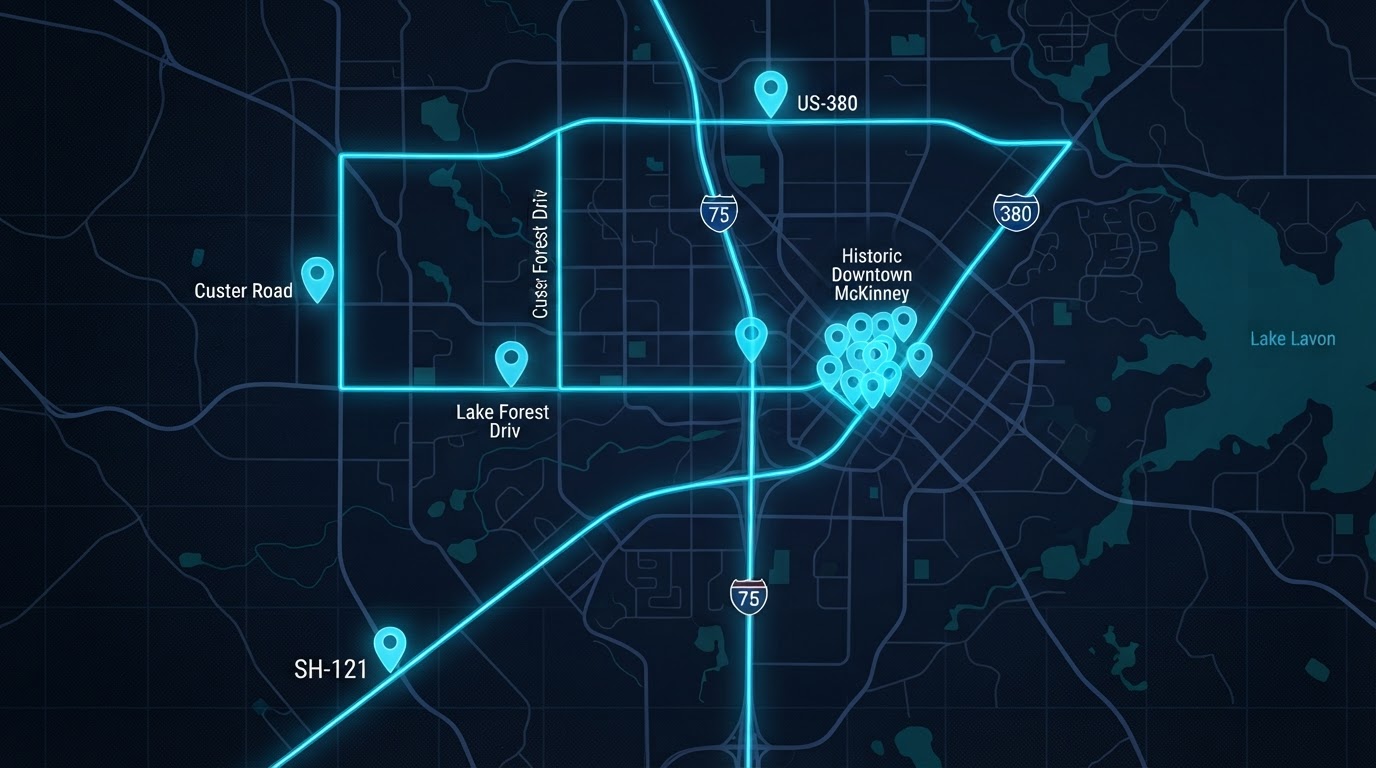 Bright map of McKinney, Texas showing Motivo mobile billboard campaign routes connecting Historic Downtown McKinney, US-75, SH-121, US-380, Custer Road, and Lake Forest Drive