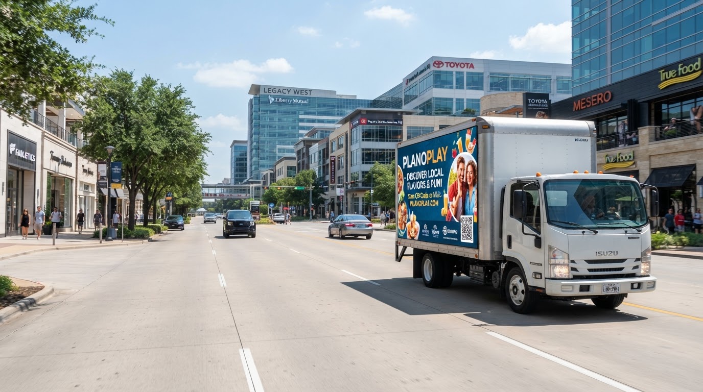 Motivo mobile billboard truck driving through the Legacy West district in Plano, Texas during the day