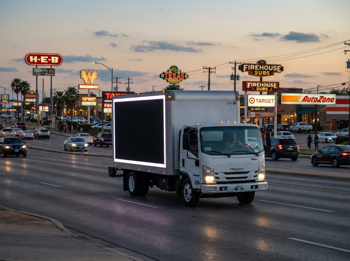 Motivo mobile billboard truck along the Veterans Memorial Boulevard commercial corridor in Killeen at dusk