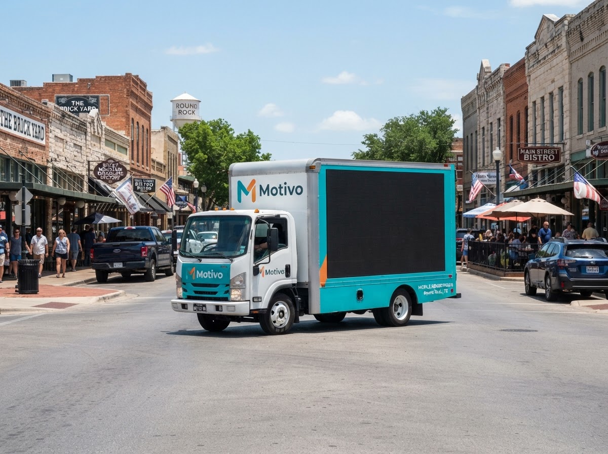 Motivo mobile billboard truck in Downtown Round Rock Texas near the historic main street and local shops during the day