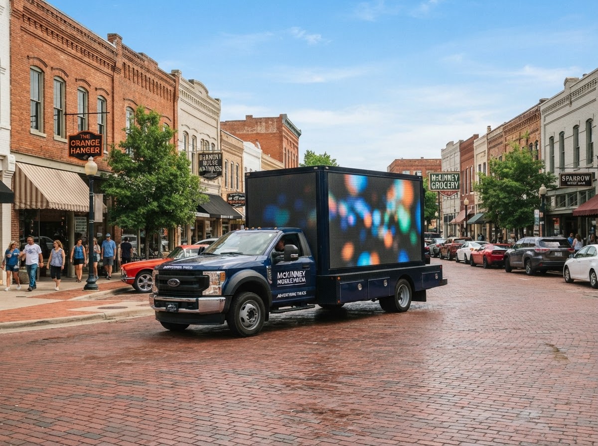 Motivo mobile billboard truck on Historic Downtown McKinney main street during the day