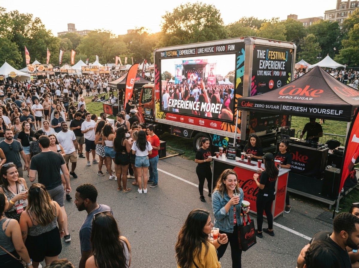 Experiential marketing activation truck with large LED screens parked at an outdoor festival with crowds and sampling booths for a street-level brand activation