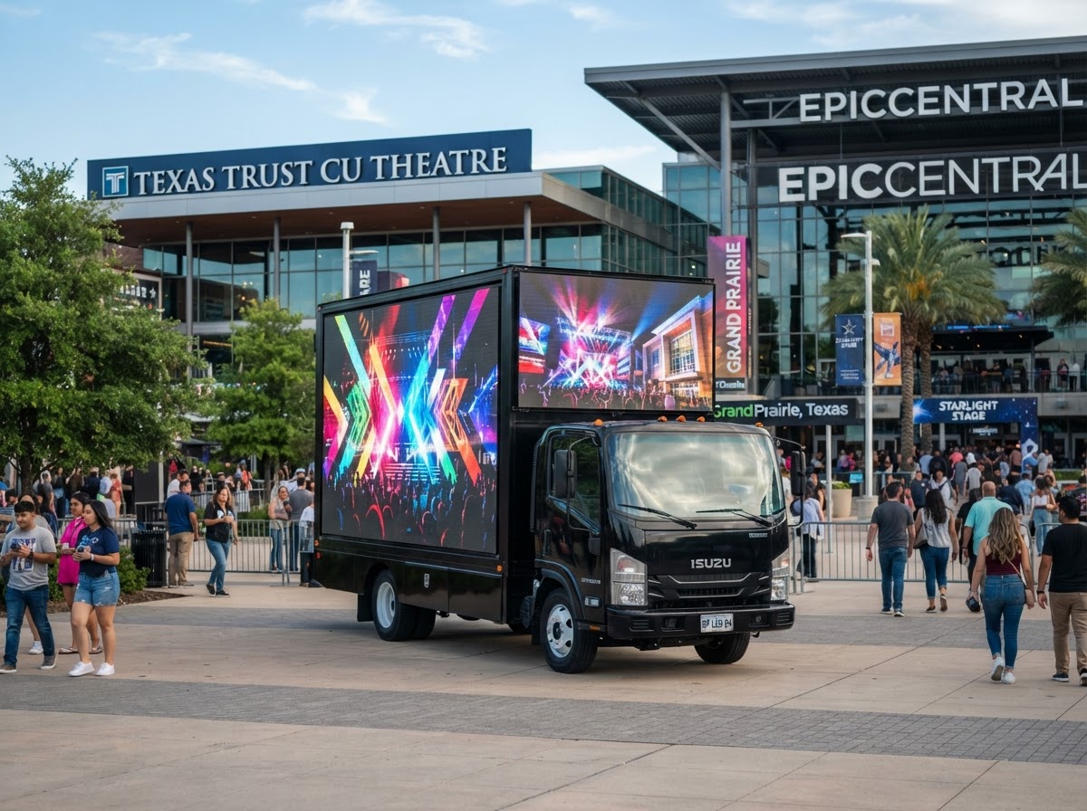 Motivo mobile LED billboard truck at a Grand Prairie entertainment venue and event area