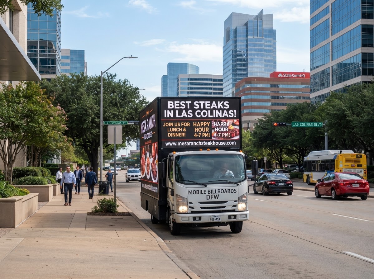 Motivo mobile billboard truck in the Las Colinas office district in Irving during the day