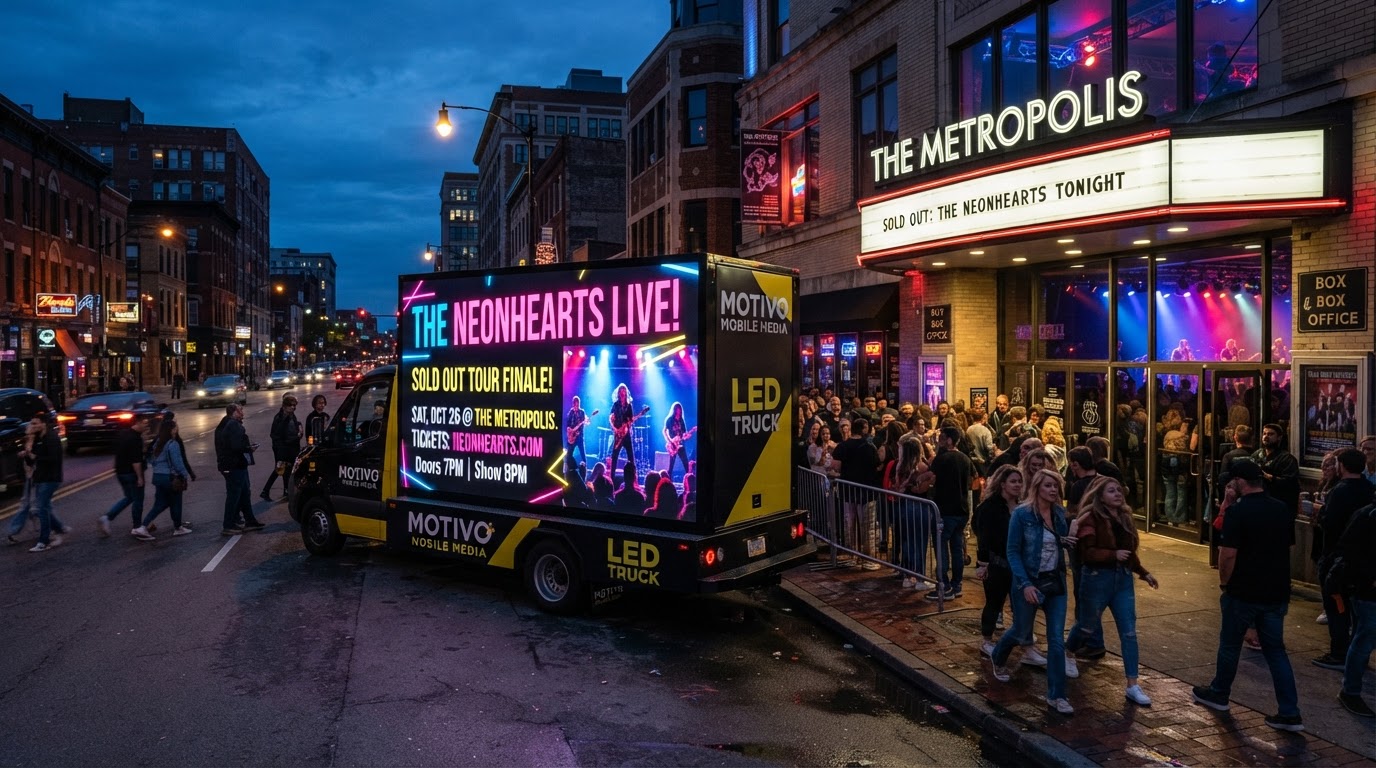 Motivo LED mobile billboard truck displaying a concert advertisement near a live music venue entrance