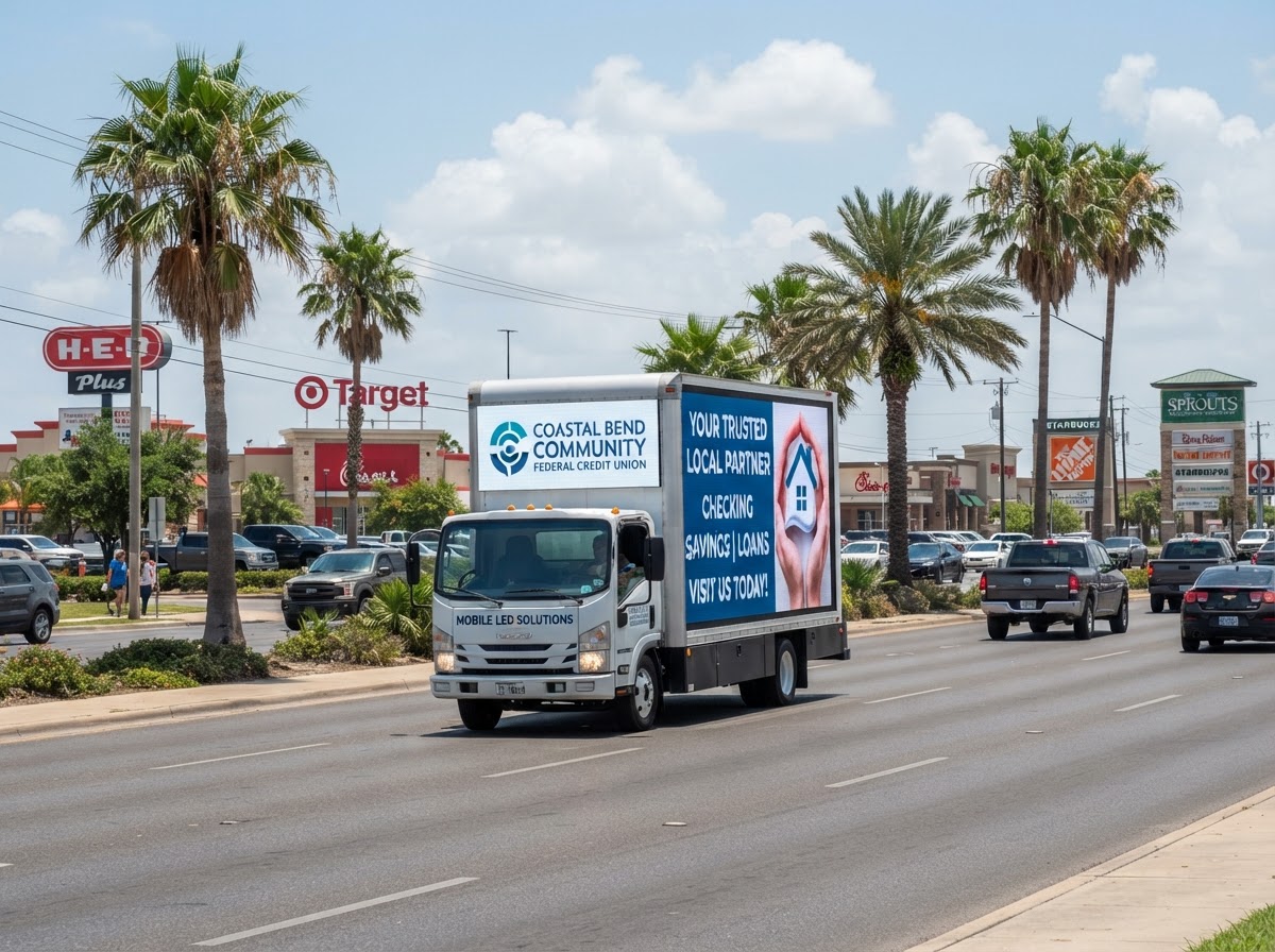 Motivo mobile billboard truck on a Corpus Christi Southside retail and commercial corridor