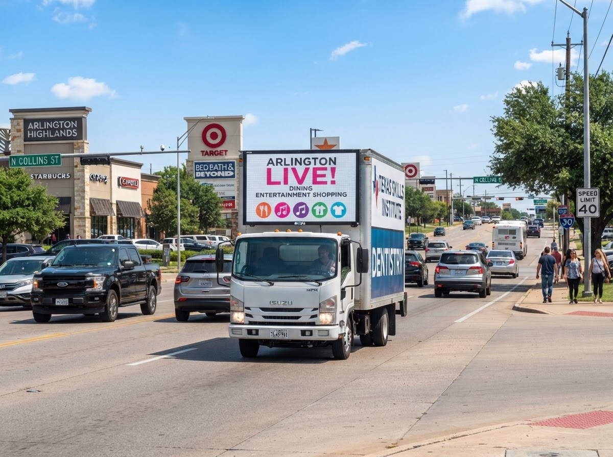 Motivo mobile billboard truck on an Arlington retail and shopping corridor