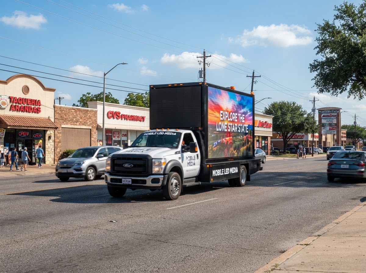 Motivo mobile billboard truck on a Pasadena Texas commercial district street during the day