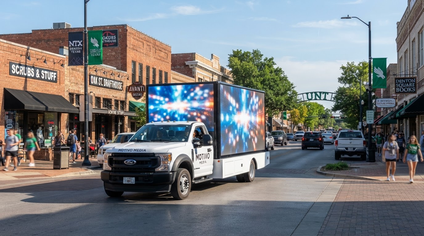 Motivo mobile LED billboard truck driving through a sunny downtown Denton Texas commercial corridor with brick storefronts and clear blue skies