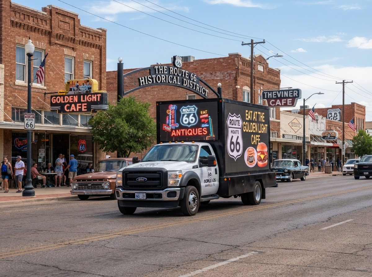 Motivo mobile billboard truck on the Historic Route 66 6th Avenue area in Amarillo