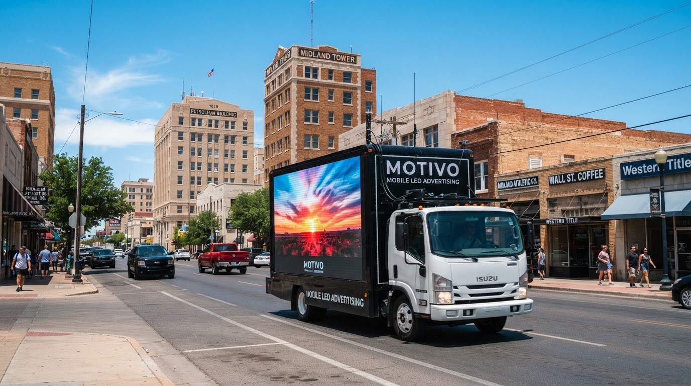Motivo mobile LED billboard truck driving through Downtown Midland, Texas near West Texas commercial buildings on a sunny day with clear blue skies