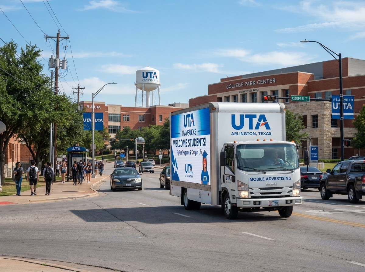 Motivo mobile LED billboard truck near the UTA university campus area in Arlington