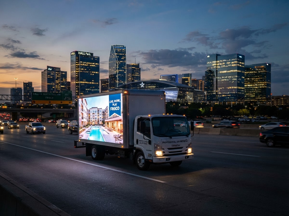 Motivo mobile billboard truck along the Dallas North Tollway corporate corridor in Frisco at dusk