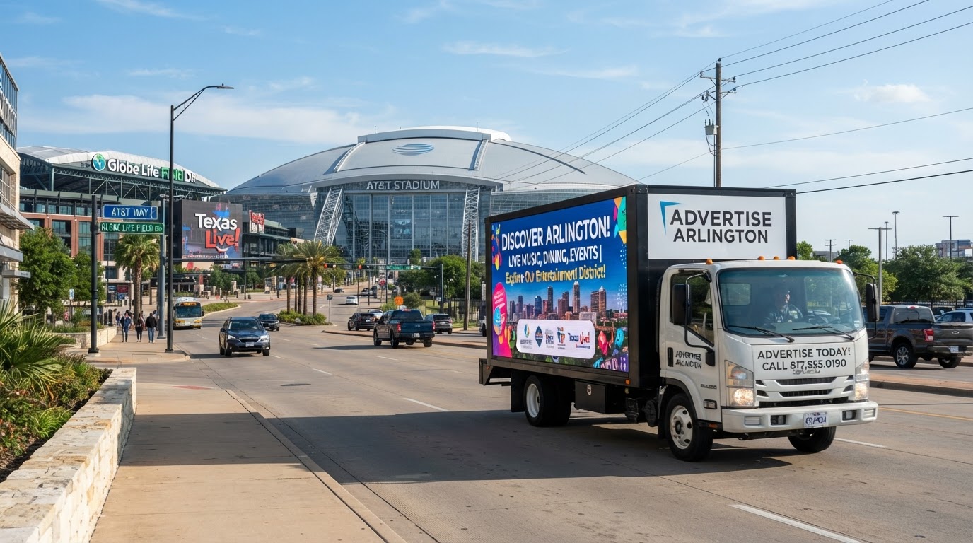 Motivo mobile billboard truck driving through the Arlington, Texas entertainment district during the day