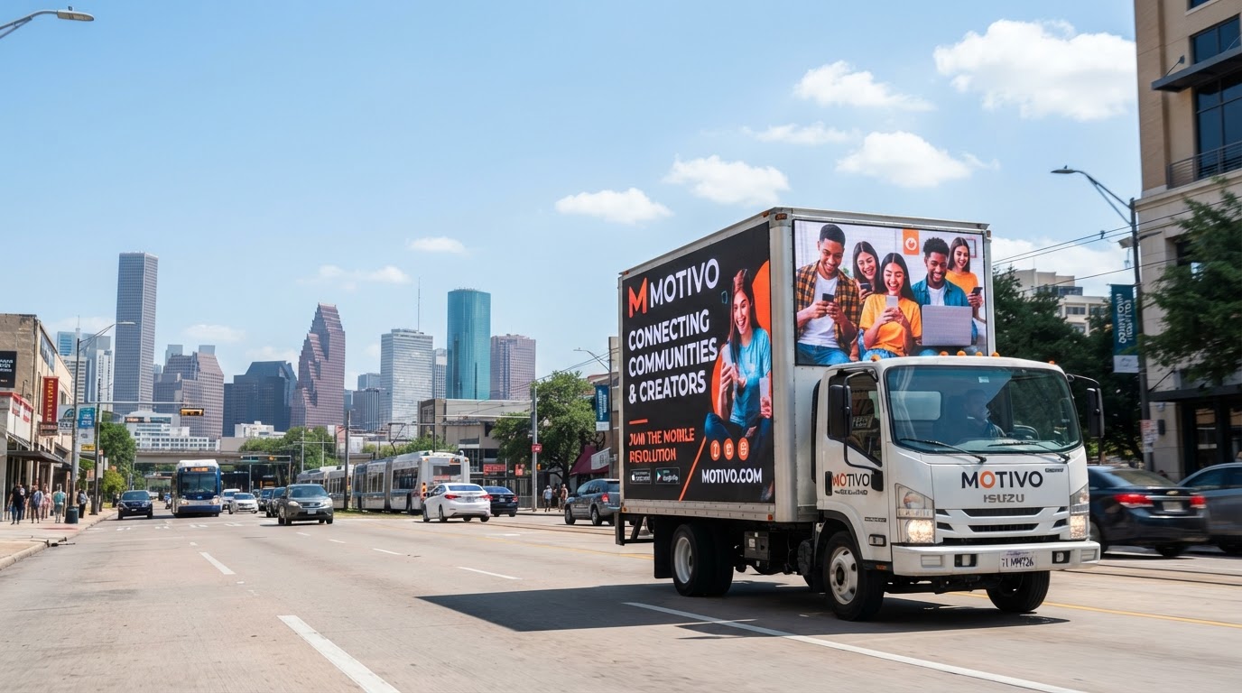 Motivo mobile billboard truck driving through downtown Houston, Texas during the day