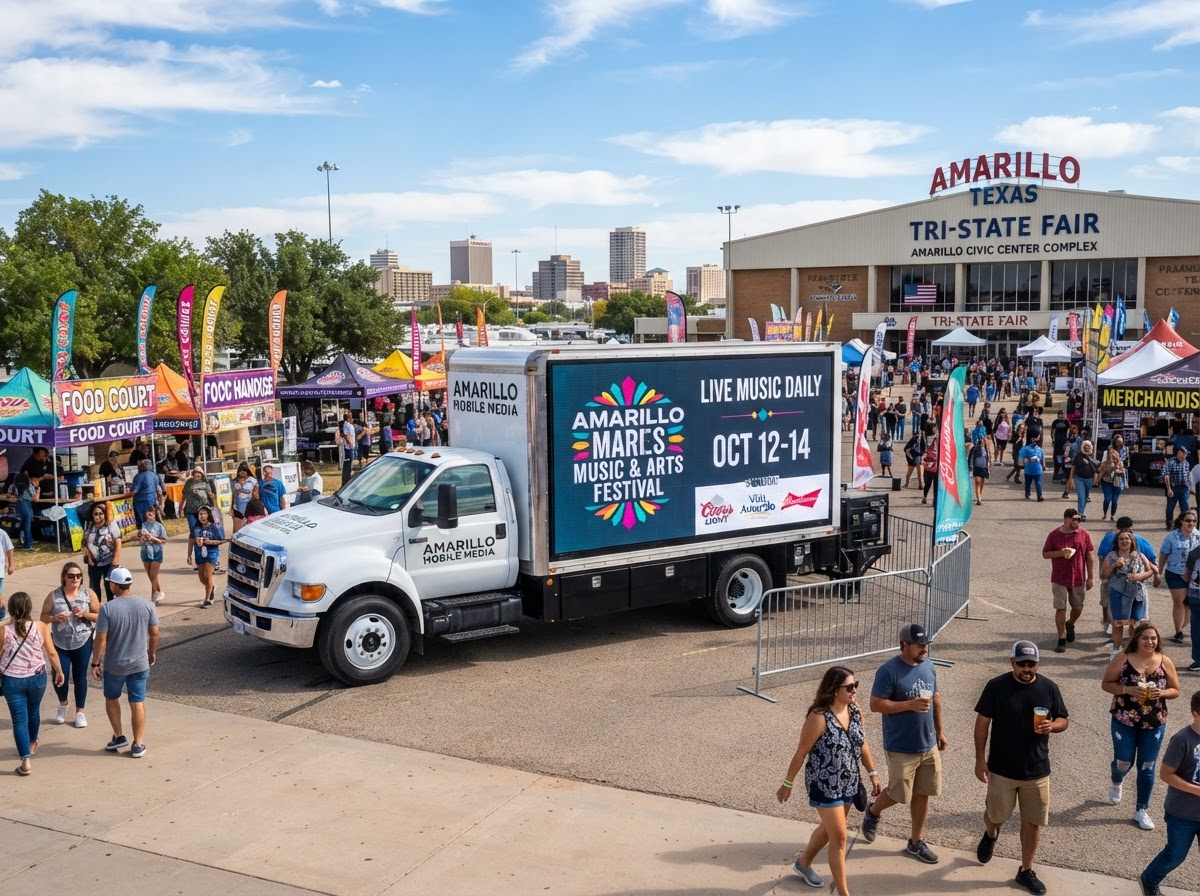 Motivo mobile LED billboard truck at an Amarillo event venue and festival area