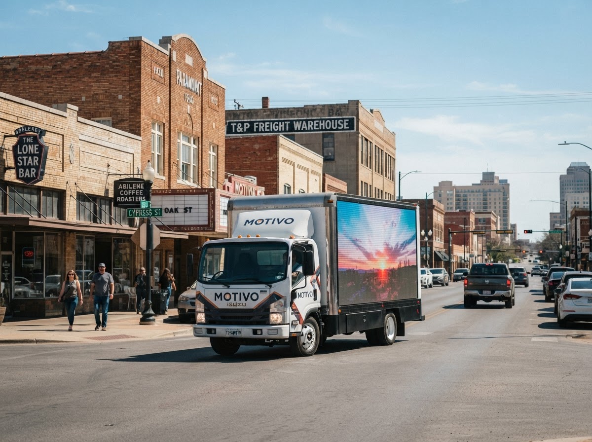 Motivo mobile billboard truck in Downtown Abilene, Texas during the day with West Texas commercial buildings