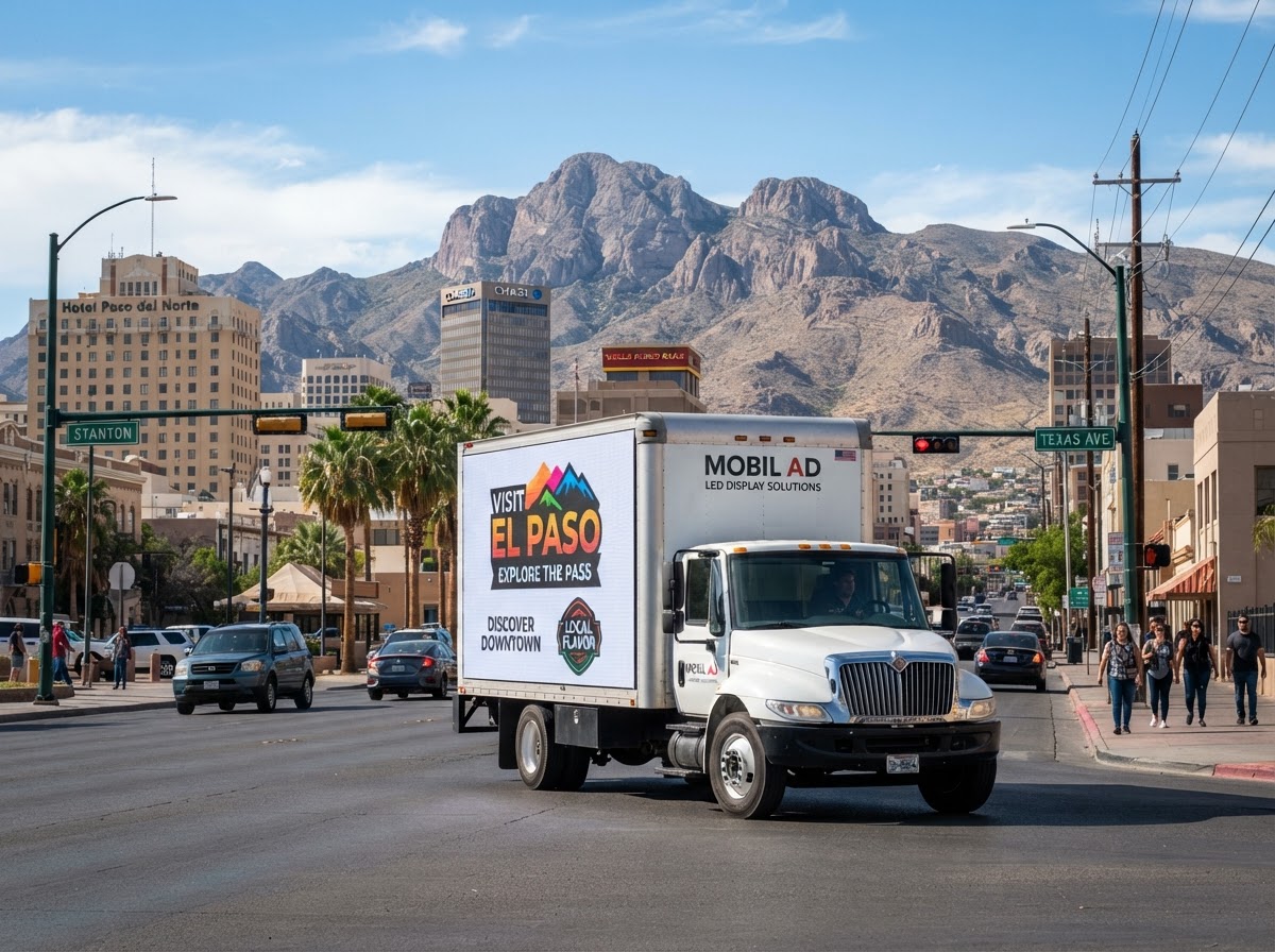 Motivo mobile billboard truck driving through Downtown El Paso with the Franklin Mountains in the background