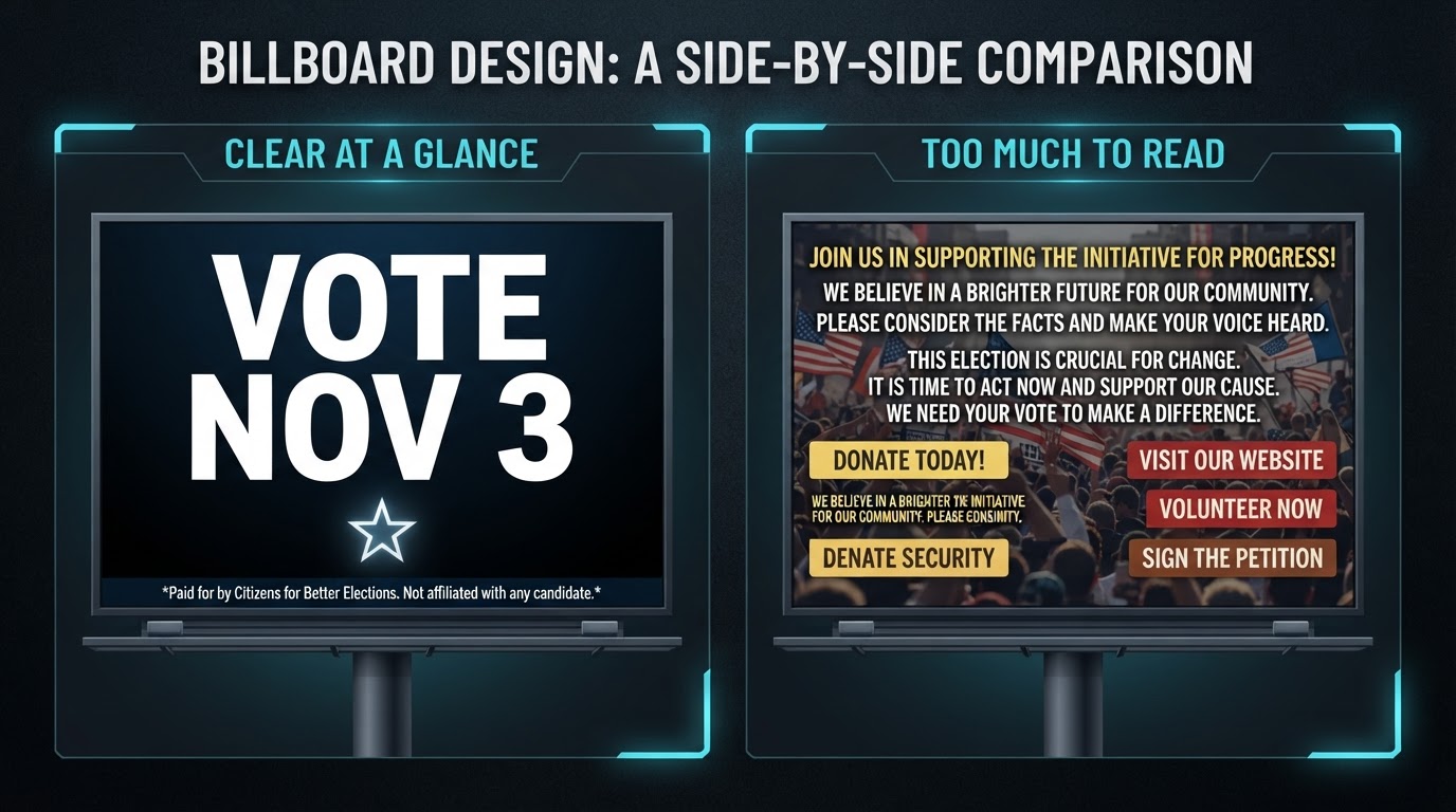 Side-by-side comparison of a clear political billboard design versus a cluttered hard-to-read political billboard design