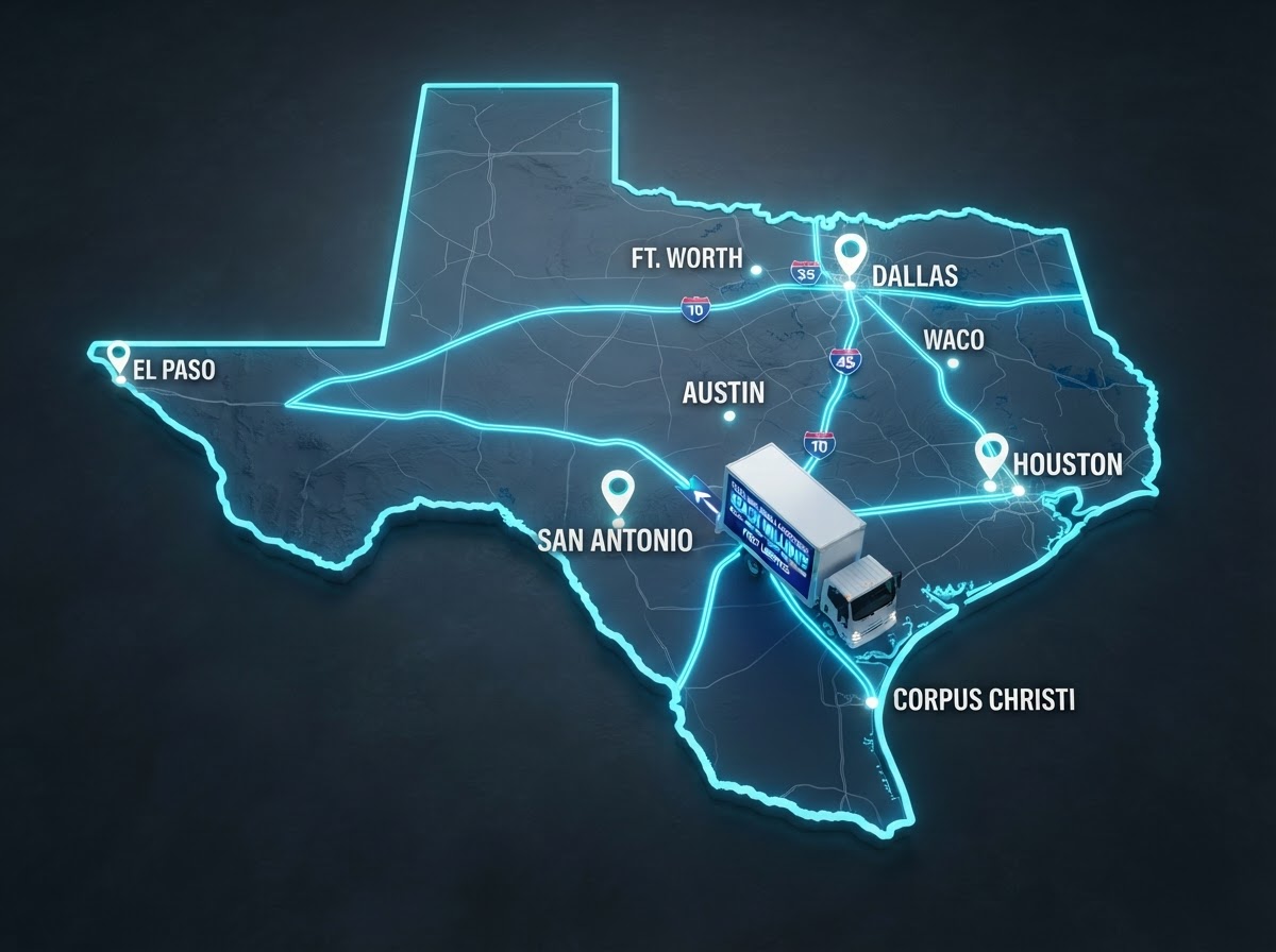 Targeted mobile billboard routes across Texas connecting Dallas, Houston, Austin, and San Antonio