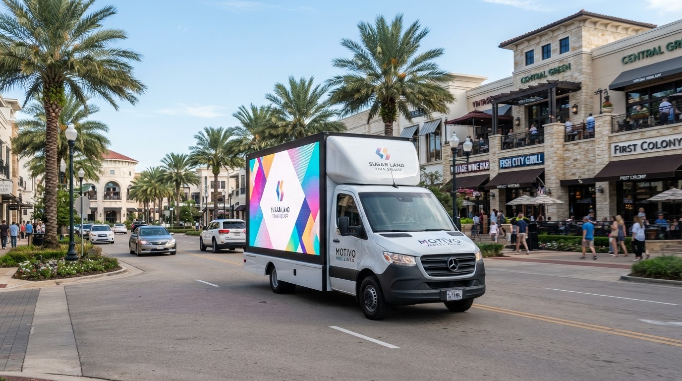 Motivo mobile LED billboard truck driving through Sugar Land Texas Town Square area with upscale retail and palm-lined commercial streets under clear blue skies