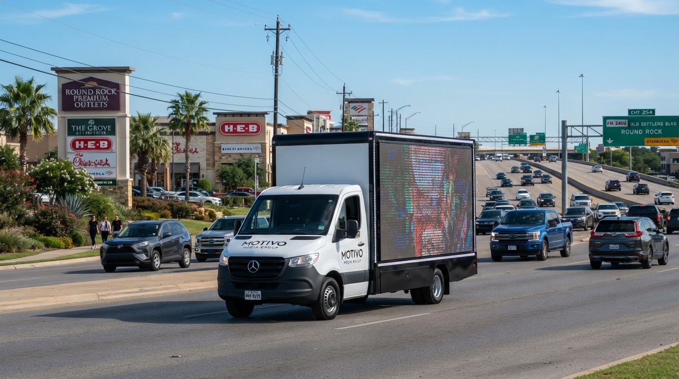 Motivo mobile LED billboard truck driving along a busy Round Rock Texas retail and business corridor near I-35 with modern shopping centers and clear blue skies