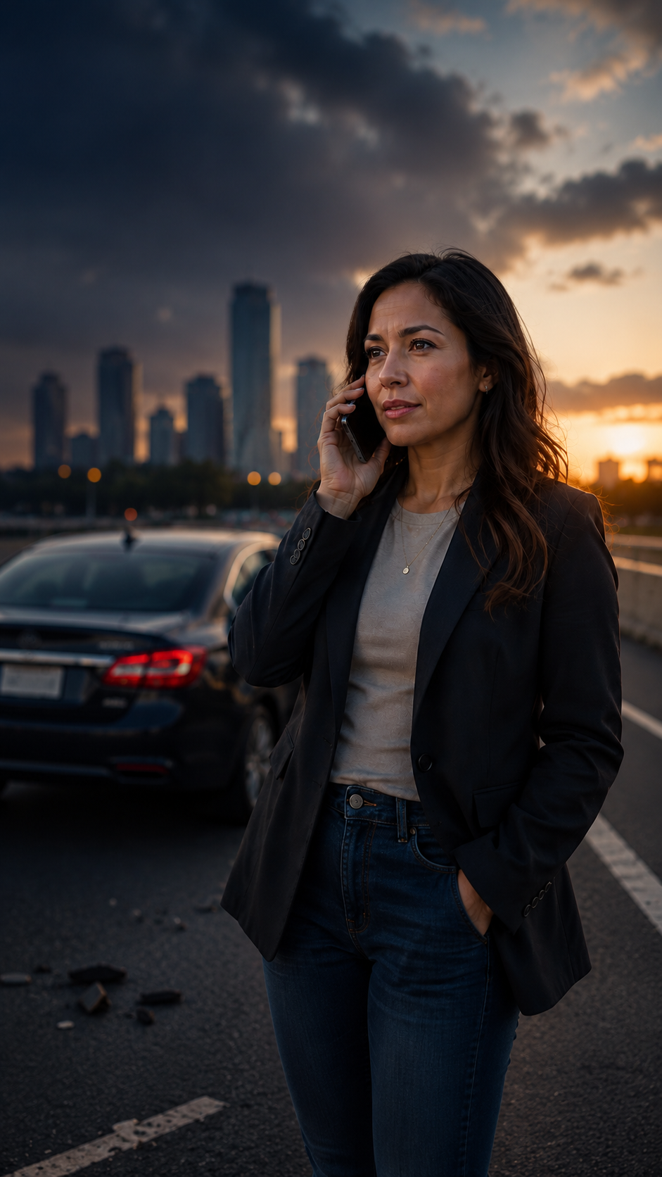 Mujer hablando por teléfono después de un accidente