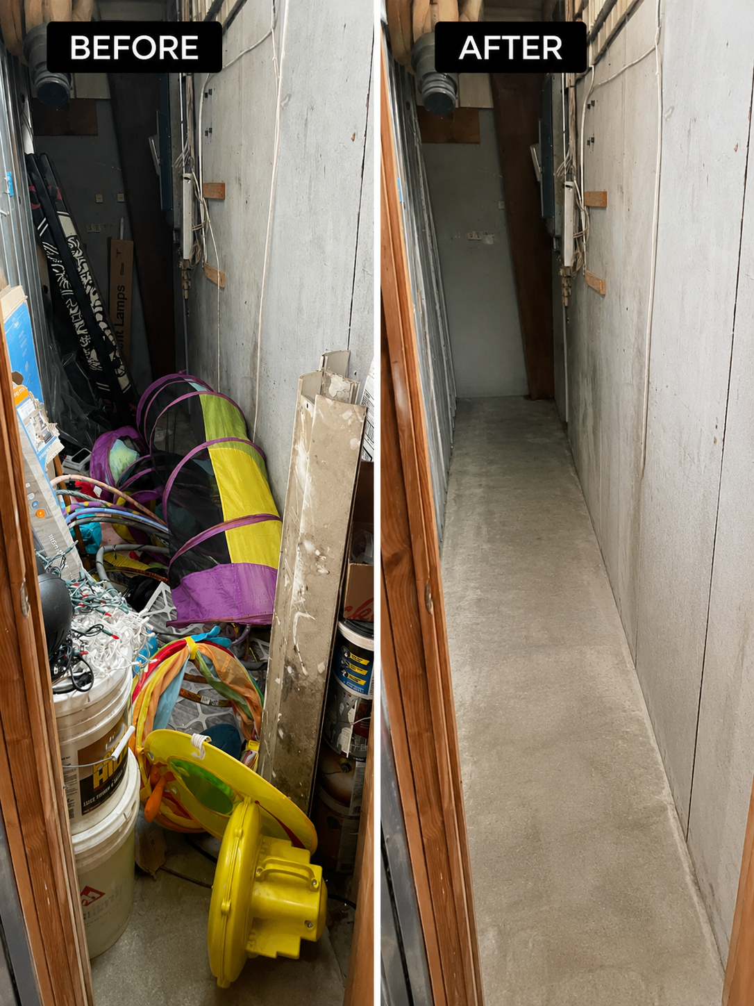 Basement hallway cleanout before and after in Patchogue NY