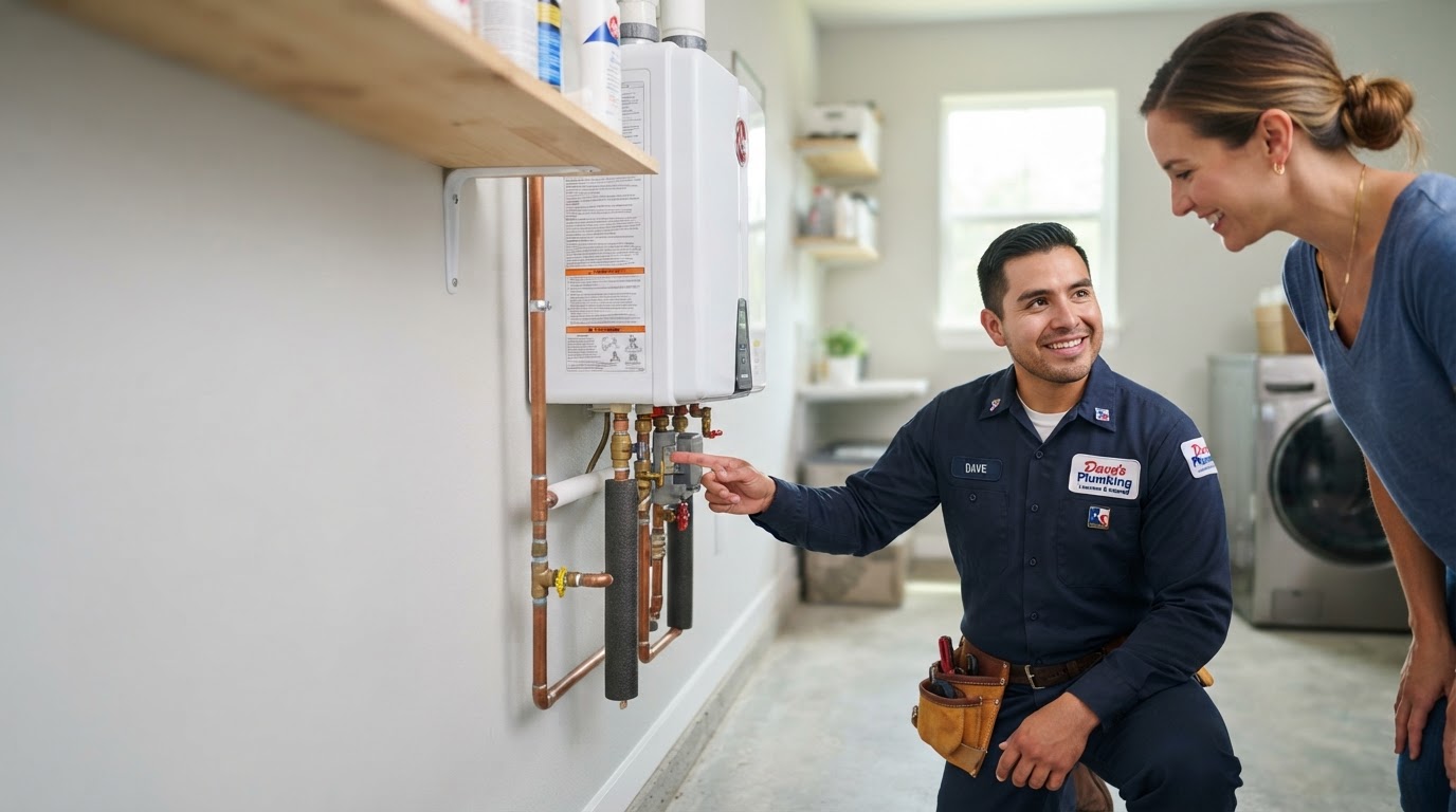 Dave's Plumbing professional servicing a water heater in a Texas home