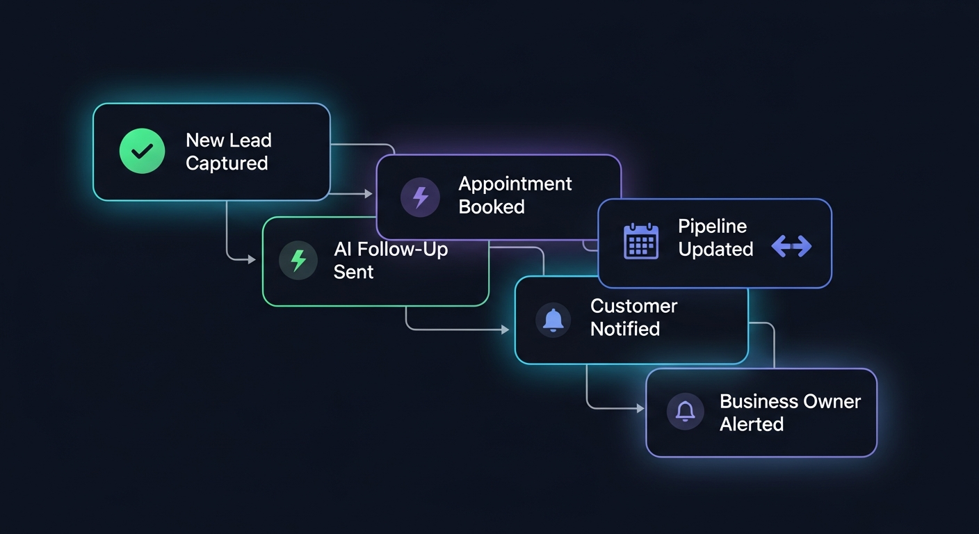 IMS automation workflow dashboard showing lead capture, AI follow-up, and appointment booking