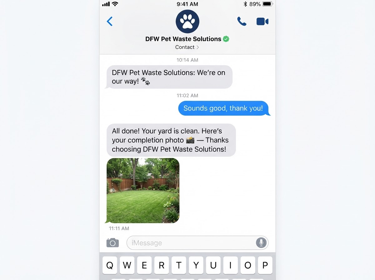 Example completion text message from DFW Pet Waste Solutions with a clean-yard photo confirmation