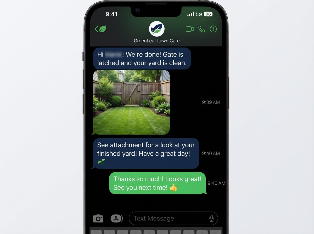 Example completion text message with a clean-yard photo confirmation