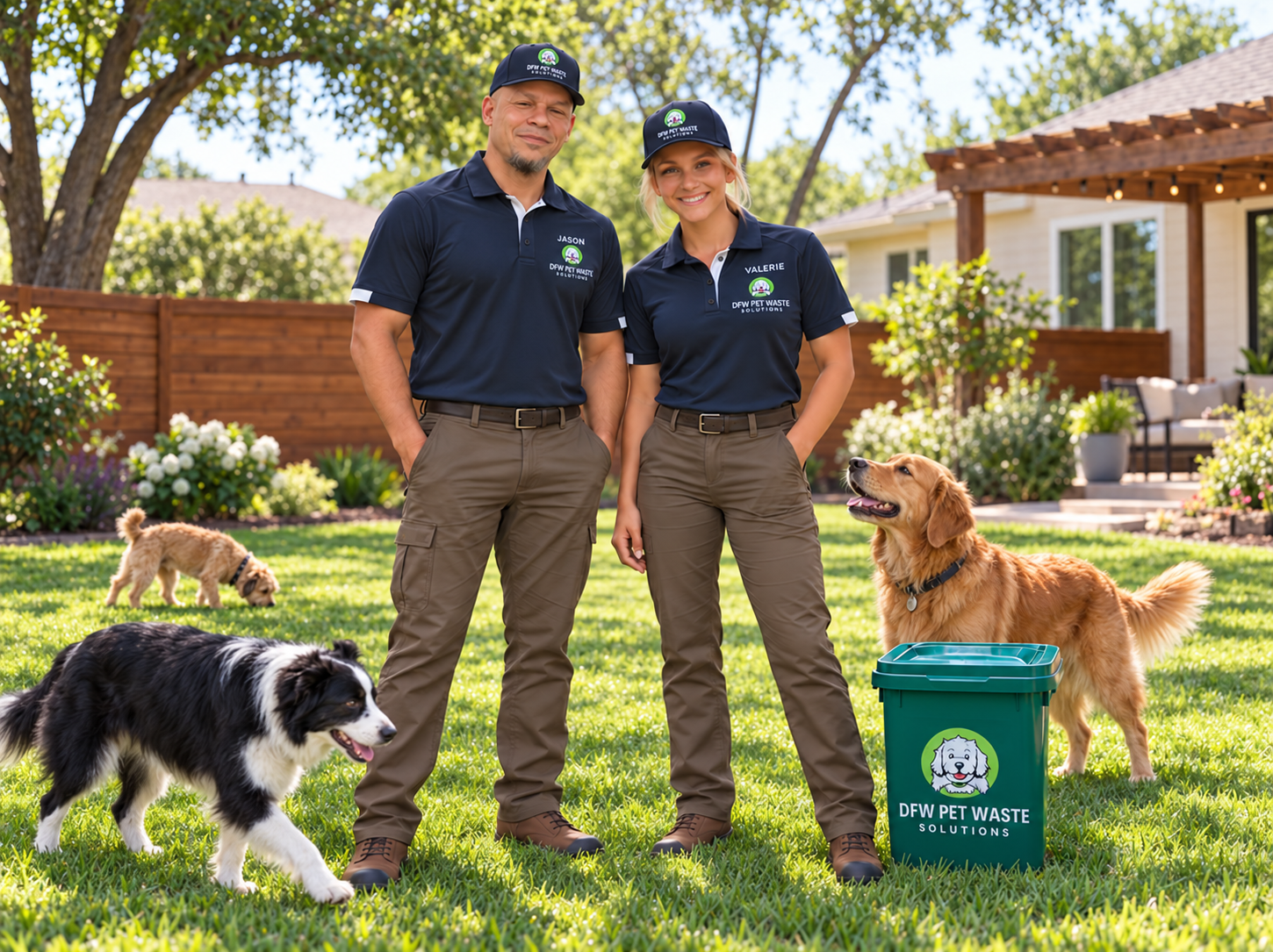 DFW Pet Waste Solutions owners Jason Ellis and Valerie Sigerson in branded uniform standing in a green yard with dogs