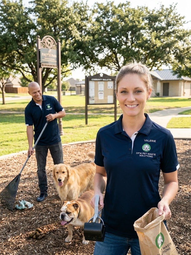 DFW Pet Waste Solutions team member Valerie in branded uniform with pooper scooper and bag at a dog park with friendly dogs