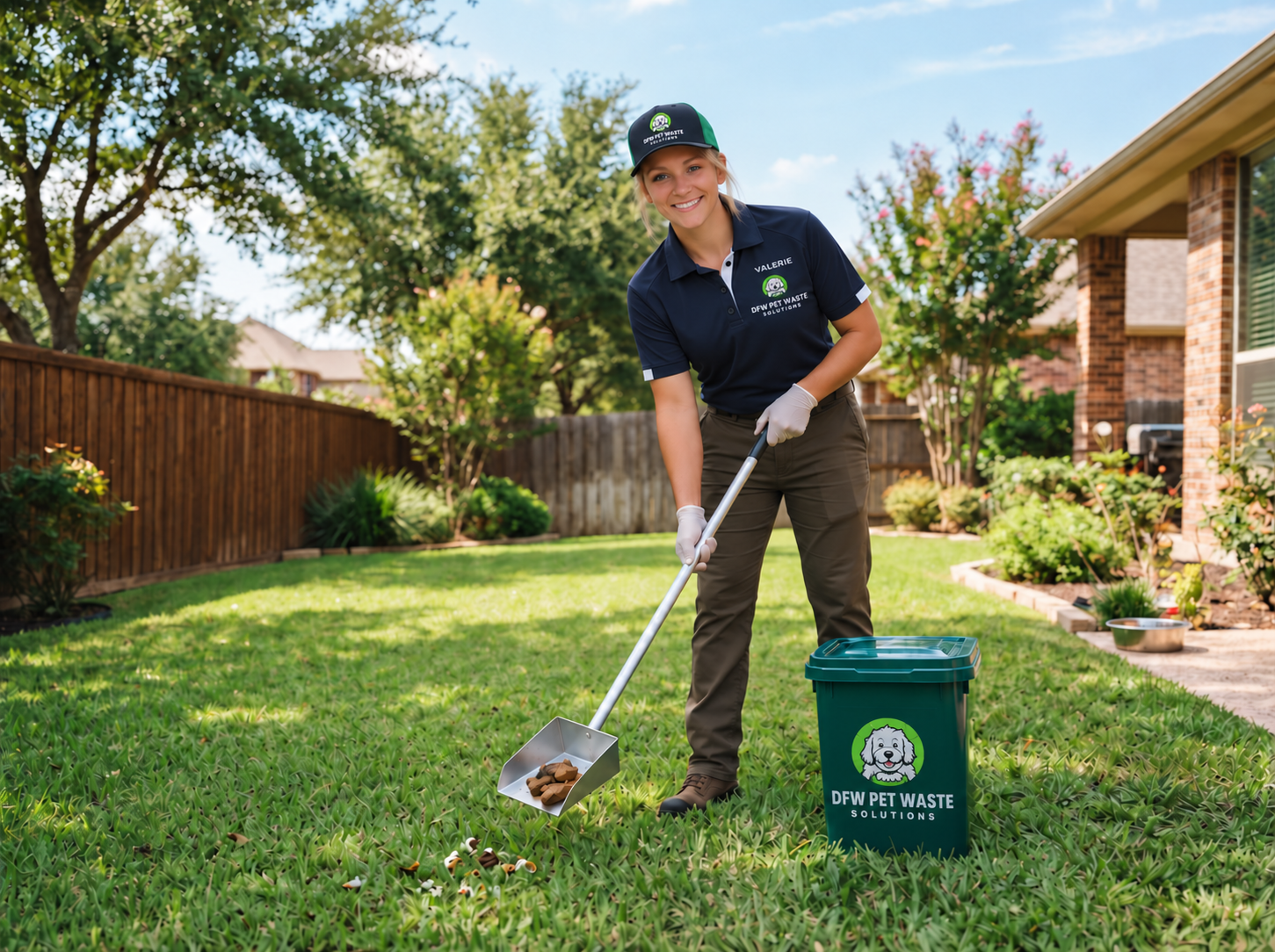 DFW Pet Waste Solutions technician at work scooping pet waste in a green residential yard