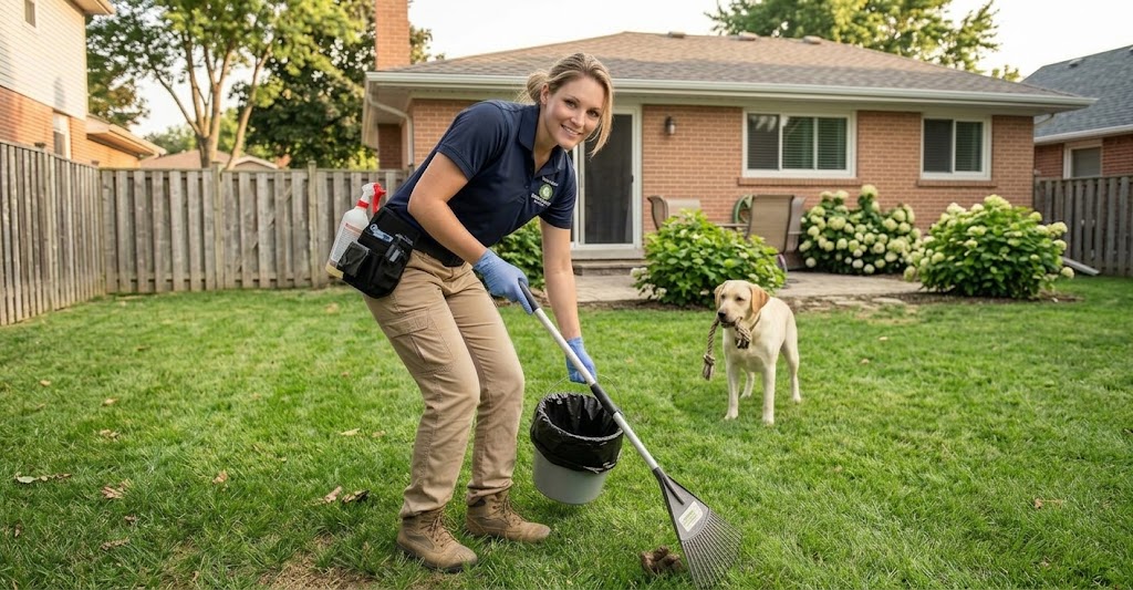 DFW Pet Waste Solutions technician smiling while scooping yard waste with rake and bucket with dog in yard