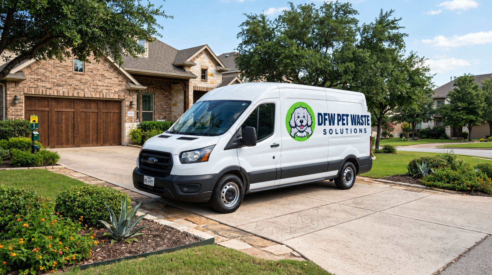 DFW Pet Waste Solutions branded white service van parked in a Texas driveway