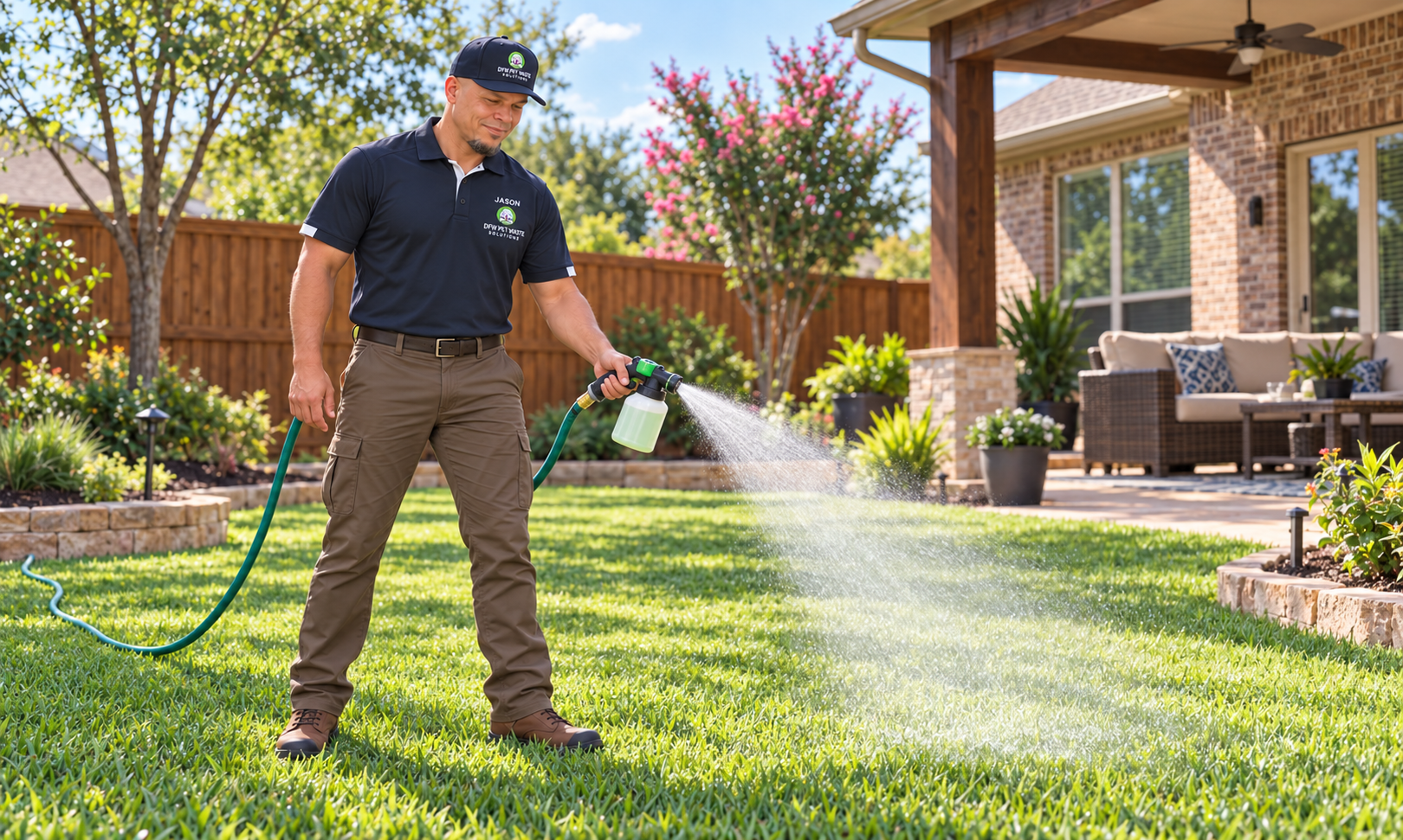 DFW Pet Waste Solutions owner Jason applying enzyme-based backyard deodorizing treatment to a lawn with a hose-end sprayer