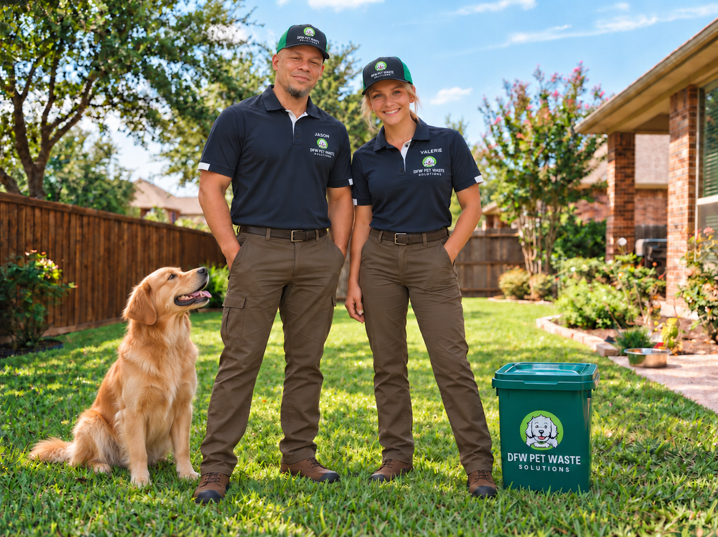 DFW Pet Waste Solutions owners Jason Ellis and Valerie Sigerson in branded uniform polos and hats with golden retriever and service receptacle