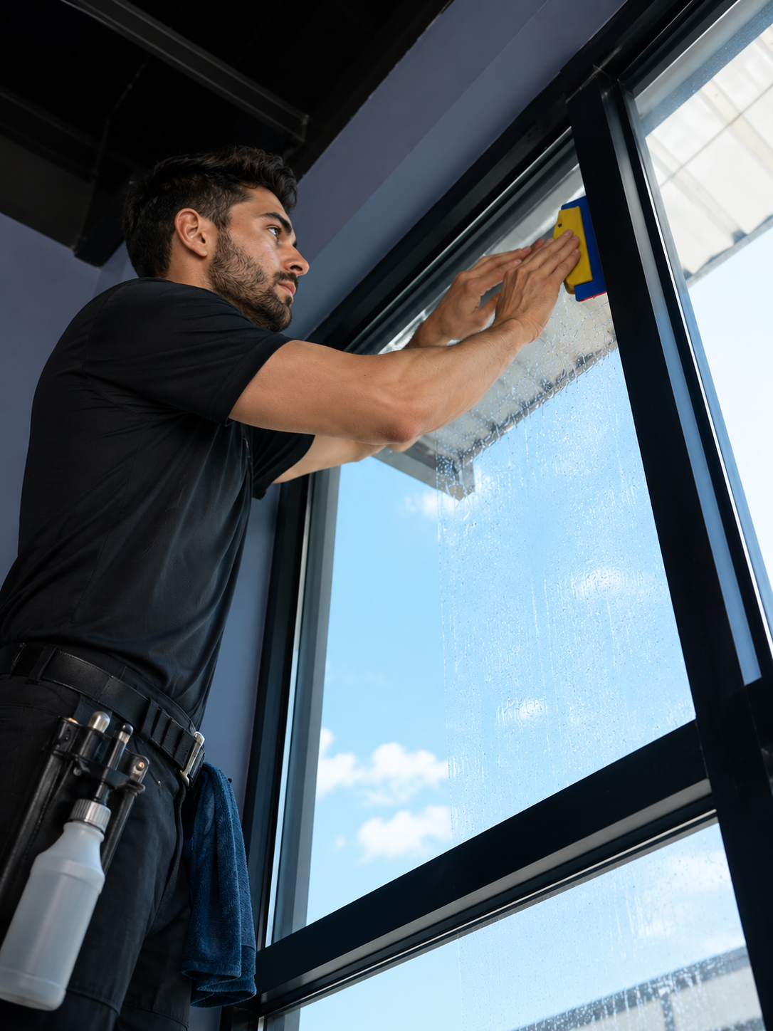 Technicien installant une pellicule pour fenêtres