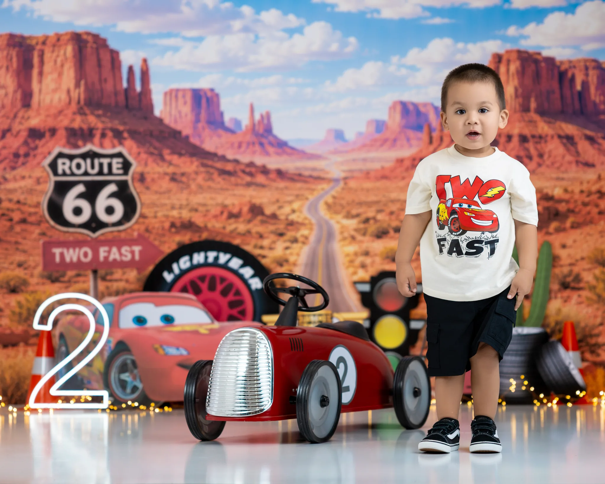 Cars Lightning McQueen themed 2nd birthday session with Route 66 backdrop