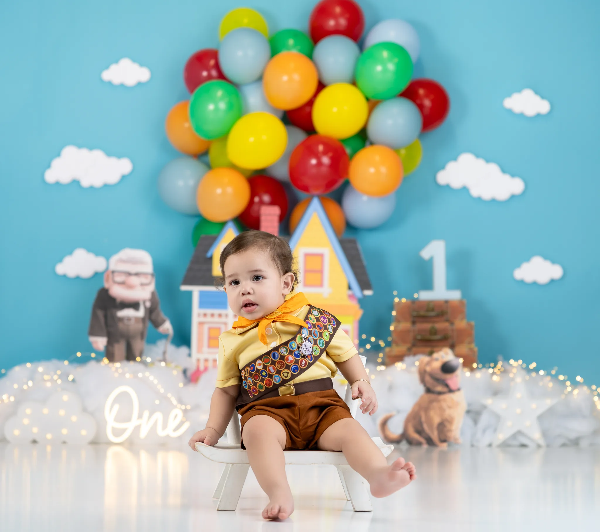 Up movie themed birthday with colorful balloons and house backdrop