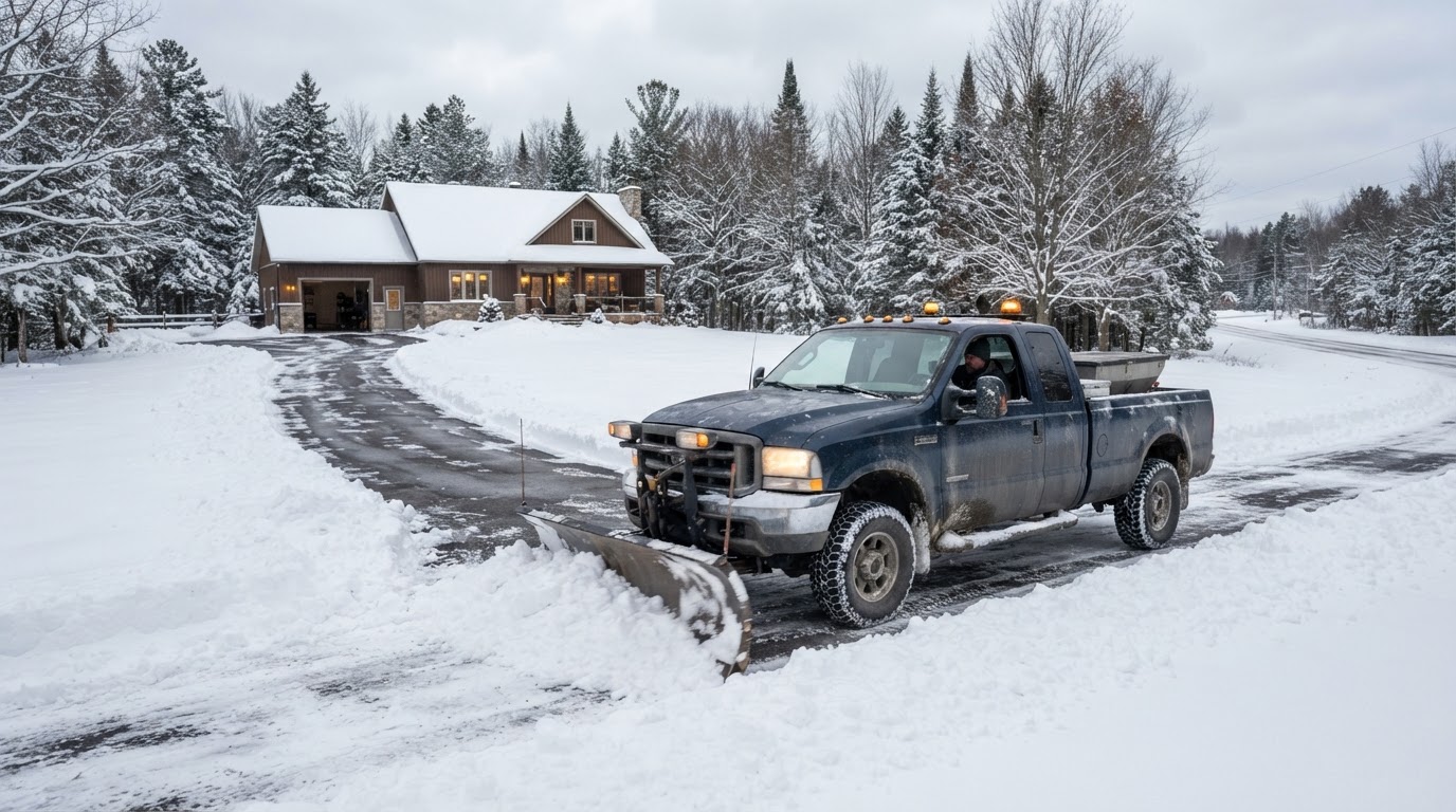 Long tree-lined rural Severn home driveway with snow stakes and an unbranded snowplow near the house — illustrative Severn, Ontario scene